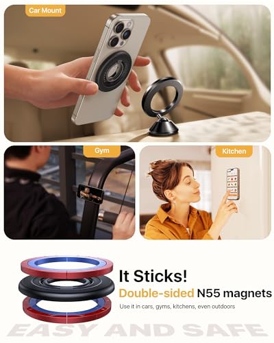 [2024 Newest] Magnetic Phone Grip with 360° Rotate Ring [Dual-Sided Strongest Magnet] Phone Ring Holder Compatible with MagSafe iPhone 15 Pro Max 14 13 12 Samsung LG etc, Gym Buddy, Black