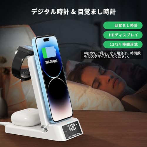 Barggn 4 in 1 Fast Wireless Charging Station for Apple Devices,Wireless Charger for iPhone 15/14/13/12/11series iWatch and Airpods,Charger with Clock LED High-Clear Screen(with 20W Adapter (White)