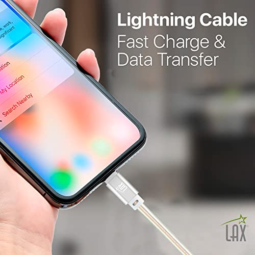 LAX Premium Stitched [Apple MFi Certified] Fast Charger iPhone Lightning Cable, iPhone Cord Compatible with iPhone 14/13 /12/11 Pro Max/XS MAX/XR/XS/X/8/7/6S/SE/iPad, iPod & More - (6FT-Chrome)