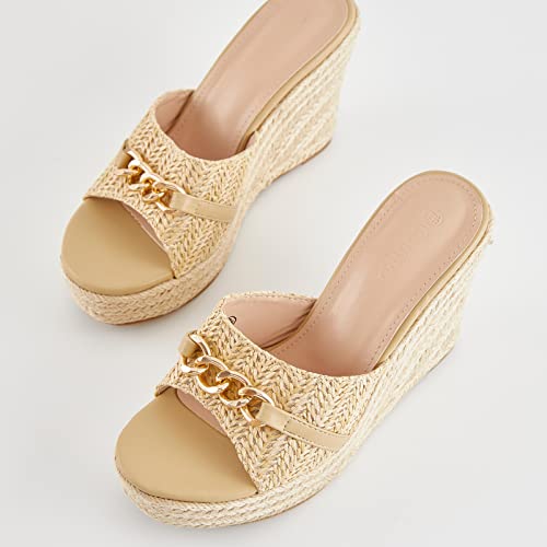 Womens Espadrille Wedge Sandals Chain Wedge Heel Platform Backless Slip On Slides Fashion Open Toe Casual Shoes 6.5