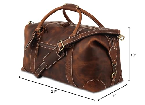 KomalC Leather Duffel Bags for Men and Women Full Grain Leather Travel Overnight Weekend Leather Bags Sports Gym Duffel for Men (Dark Tan)