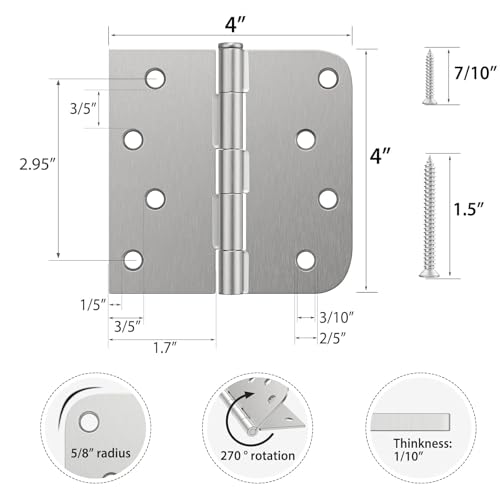 HOSOM 3 Pack Brushed Nickel Exterior Door Hinges 4 Inch, 5/8" Radius, Removable Pin, Perfect for Heavy-Duty Front & Back Door, Antirust & No Squeaks