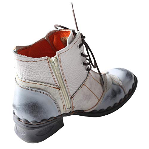 TMA EYES Women's Ankle Boots Low Heel Lace-up Side Zipper Fashion Leather Booties(White,6)