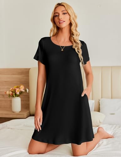 Ekouaer Women's Nightgown Short Sleeve Sleep Shirt Round Neck T-shirt Dress Soft Nightdress with 2 Pockets S-3XL