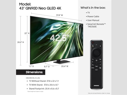 SAMSUNG 43-Inch Class QLED 4K QN90D Series Neo Quantum HDR Smart TV w/Dolby Atmos, Object Tracking Sound Lite, Motion Xcelerator, Real Depth Enhancer Pro, Alexa Built-in (QN43QN90D, 2024 Model)