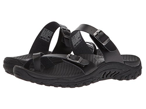 Skechers Women's Reggae-Carribean-Double Buckle Toe Thong Slide Sandal, Black, 6 M US