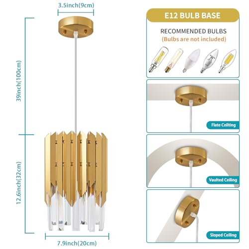 Biewalk Modern Crystal Gold Pendant Light Fixtures for Kitchen Island Luxury Gold Chandelier Perfect for Dining Room, Bedroom, Kitchen, Living Room