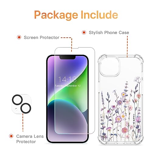 GVIEWIN for iPhone 14 Plus Case Floral, with Screen Protector + Camera Lens Protector, Clear Flower Shockproof Soft Protective Floral Designed Women Phone Cover, 2022 6.7 Inch (Hibiscus)