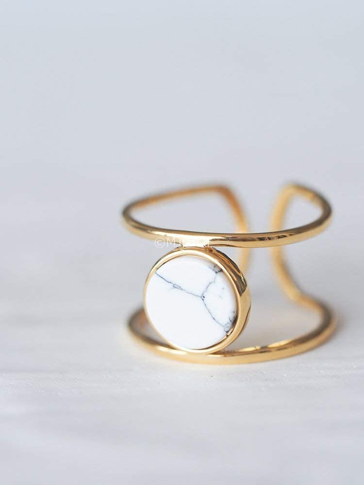 Coin White Simulated Howlite Geometric Stone Double Line Simple Ring