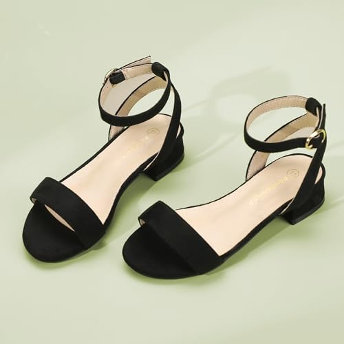 PANDANINJIA Girls Sandals Low Heels Dress Shoes Open Toe Flower Girl Wedding Party for Little Big Kid Dress Sandals(Black Suede 2 M US Little Kid)