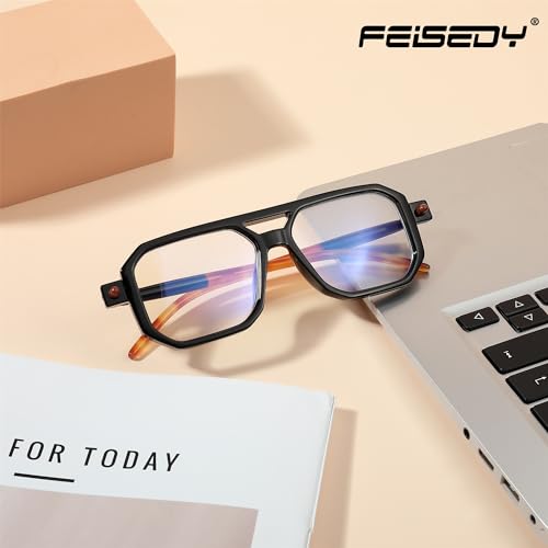 FEISEDY Reading Glasses Vintage Square Blue Light Blocking Glasses Women Men 70s Flat Aviator Glasses B0090 Black 1.0x