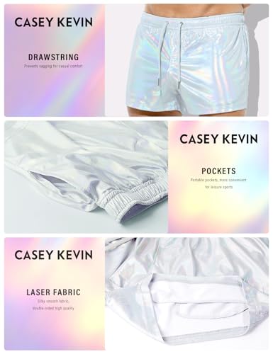 Casey Kevin Men's Holographic Metallic Short Sparkly Shiny Short Pants Rave Outfit Hot Shorts with Pockets and Drawstrings (A1-Sliver,Small)
