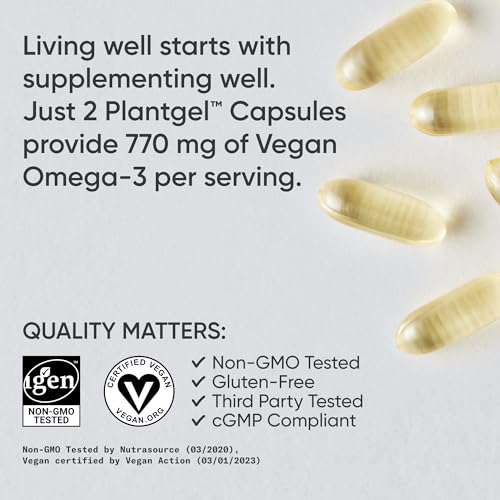 Sports Research Vegan Omega-3 Fish Oil from Algae Oil - High Levels DHA & EPA Fatty Acids | Non-GMO & Vegan Certified - 60 Softgels (Carrageenan Free)