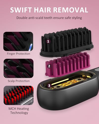CozyZen Cordless Hair Straightener Brush - Portable Heated Straightening Brush for Travel, Party, Mini Ionic Hot Comb Straightener for Women
