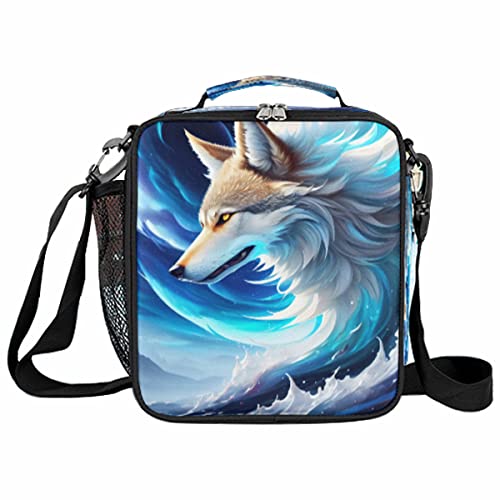 Abstract Wolf Insulated Lunch Bag for Girls Boys Teen Cool Galaxy Wolf Reusable Lunch Box with Shoulder Strap Freezable Thermal Cooler Bag Meal Prep Boxs for School Travel Picnic Beach Lunch Pail