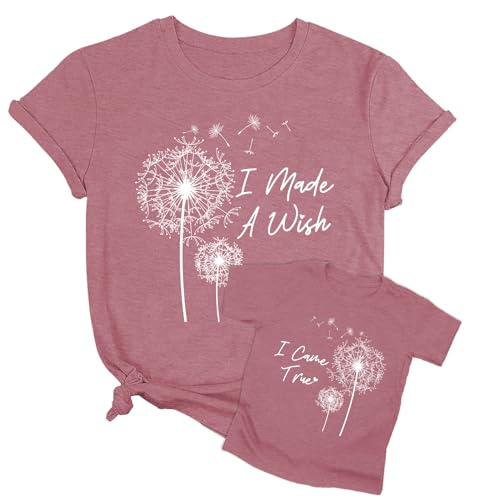 Mom and Me Matching Shirt Women's Vintage Floral T Shirt Boho Wildflower Graphic T-Shirt I Made A Wish Dandelion Tops