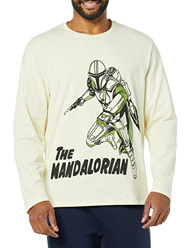 Amazon Essentials Disney | Marvel | Star Wars Men's Long-Sleeve T-Shirts, Pack of 2, Light Yellow Star Wars Mando/Navy Star Wars, X-Small