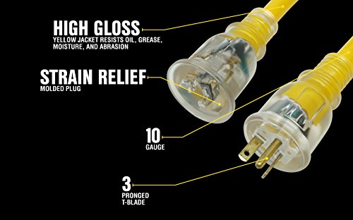 Yellow Jacket Extra Heavy Duty Extension Cord, 50Ft, 10 Gauge, 3 Conductor, Lighted End, Weather Resistant, SJTW, Yellow, 2991