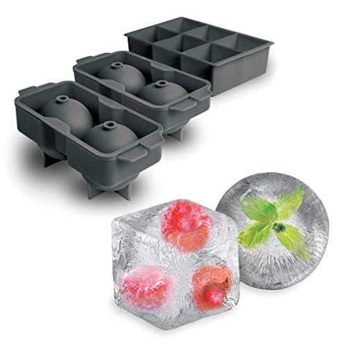 Tovolo Ice Cube Trays & Sphere Molds Easy Release Silicone 6 Large Cubes & 2 Spheres for Whiskey Cocktails and Beverages, Charcoal Gray