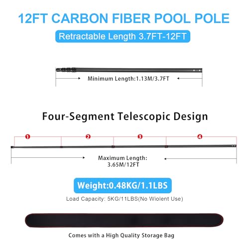 DOBEN Carbon Fiber Pool Pole, Premium Telescoping Swimming Pool Cleaning Pole, Professional 15 Feet Telescopic Pool Poles, Cleaning Poles for Skimmer Net, Brush 15FT