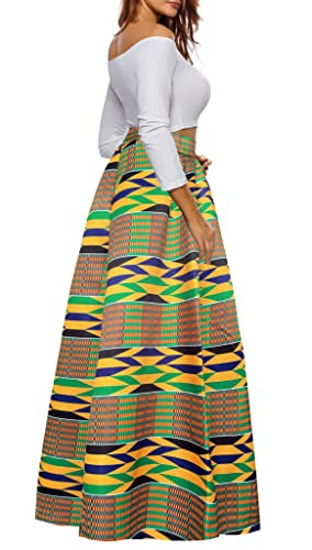 Afibi Women African Printed Casual Maxi Skirt Flared Skirt A Line Long Skirts with Pockets (Medium, Pattern 12)