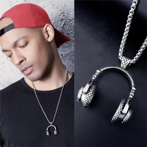 LXSSLY Black Headphone Necklace for Men,Hip Hop Punk Rock Headphones Pendant,Goth Music Charm Pendant Necklace,Cool Stainless Steel Jewelry for Men Women