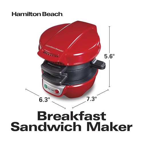 Hamilton Beach Breakfast Sandwich Maker with Egg Cooker Ring, Customize Ingredients, Perfect for English Muffins, Croissants, Mini Waffles, Perfect White Elephant Gifts, Red (25476)