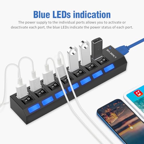 USB 3.0 Hub, 7 Ports USB Splitter USB A Port Data Hub with Independent On/Off Switch and LED Indicators, Lights for Laptop, PC, Computer, Mobile HDD, Flash Drive and More