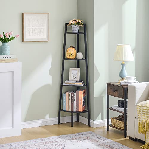 Hoctieon Corner Shelf, 4-Tier Corner Bookshelf, Rustic Corner Ladder Shelf, Industrial Display Shelf for Living Room, Kitchen, Home Office, Balcony, Small Space, Metal Frame, Black