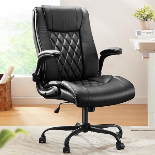 Marsail Executive Office Chair with Flip-up Armrests,PU Leather Ergonomic Desk Chair Height-Adjustable Swivel Rolling Computer Desk Chair,Black