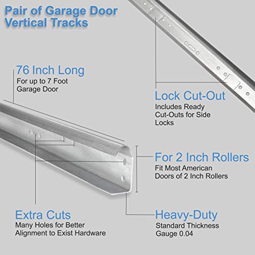 Garage Door Vertical Track Replacement – Set of Left and Right for 7 Foot Tall - Galvanized Steel Hardware Door Rails for Residential/Light Commercial Side Tracks for 2-inch Rollers