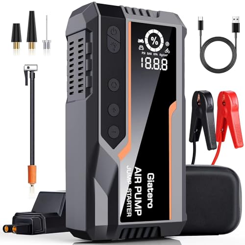 Giatero Q21 4000A Portable Car Jump Starter with Air Compressor 150PSI, 12V Car Jump Box Car Battery Jumper Starter with Air Compressor(Up to 9L Gas/8L Diesel), Large LCD Display, 3 Lights