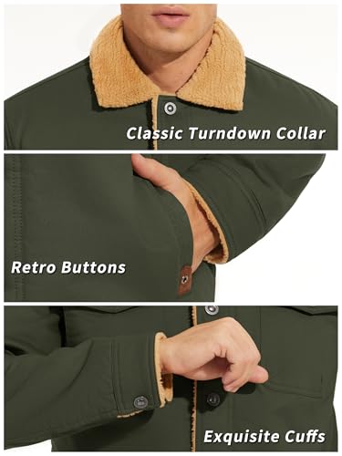 KEFITEVD Winter Jackets for Men Fleece Lined Windbreaker with Warm Collar Windproof Trucker Jacket Army Green S