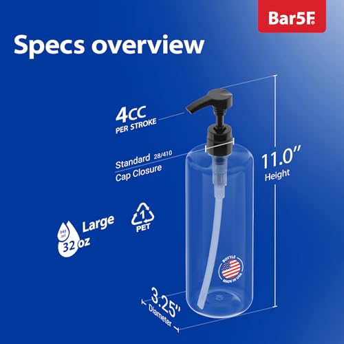 Bar5F Empty Shampoo Bottles with Pumps (2-Pack 32oz/1Liter/Large) BPA-Free PETE1 Plastic Bottle Crystal-Clear