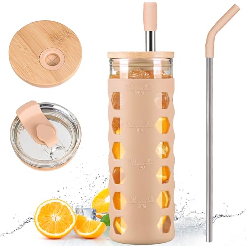 MUKOKO Glass Cups With Lids and Straws -20 Fl Oz- Glass Tumbler with Straw and Lid, Iced Coffee Cups with lids - Bamboo Lid & On the Go Lid, Smoothie Cup Leak Proof Tumbler BPA-Free - Amber