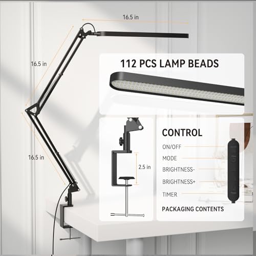 SKYLEO Desk Lamp - 31.5" Desk Light - 5 Color Modes X 11 Brightness Levels - Adjustable Swing Arm - Timmer & Memory Function - 12W Study Lamp - White