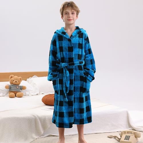 V.&GRIN Boys Fleece Robe, Hooded Plush Soft Fuzzy Bathrobe for Kids 3-14 Years（Dinosaur 7-8