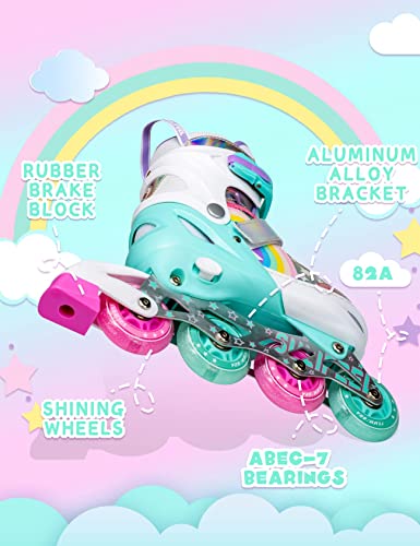SULIFEEL Rainbow Unicorn Inline Skates for Girls Boys 4 Size Adjustable Light up Wheels Skates for Kids Beginner