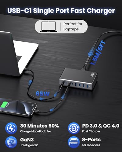 200W USB C Charger Block,GaN III 8-Ports USB C Charger,QC4.0 Fast Phone Charging Station Hub+PD 65W USB C Laptop Charger Adapter Compatible with MacBook Pro/Air,DELL,iPhone 15/14,iPad,Steam Deck-Black