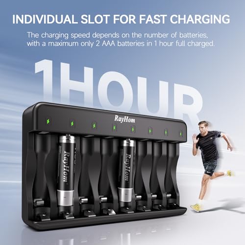 RayHom AA AAA Battery Charger 2-Pack - 8 Bay Smart Individual Charger for Ni-MH Ni-CD Rechargeable Batteries