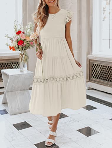 ZESICA Women's 2024 Casual Crew Neck Flutter Sleeve Smocked High Waist Hollow Out Lace Trim Tiered A Line Midi Dress,Sage,Large