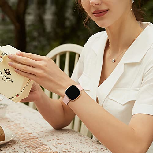Maledan Compatible with Fitbit Sense/Fitbit Versa 3 Bands for Women Men, Soft Genuine Leather Band Slim Strap Replacement Accessory Wristband for Fitbit Versa 3/Versa 4/Sense 2/Sense SmartWatch, Pink