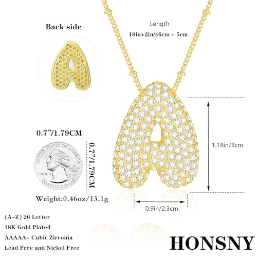 Honsny Bubble Letter Necklace Gold, 18K Gold Plated CZ Balloon Initial Necklaces for Women Chunky Diamond Pendant Charm Gold Necklace for Teen Trendy Personalized Alphabet Jewelry Gift For Her