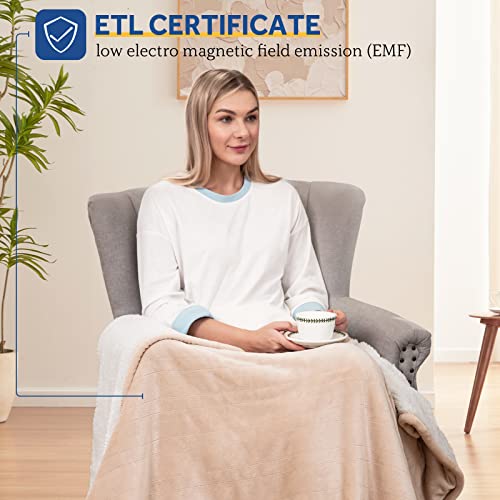 Sealy Heated Blanket Electric Throw, Flannel & Sherpa Heating Throw with 6 Heat Settings & 2-10 Hours Auto Shut Off, Fast Heating & ETL Certification, 50x60 Inch, Beige