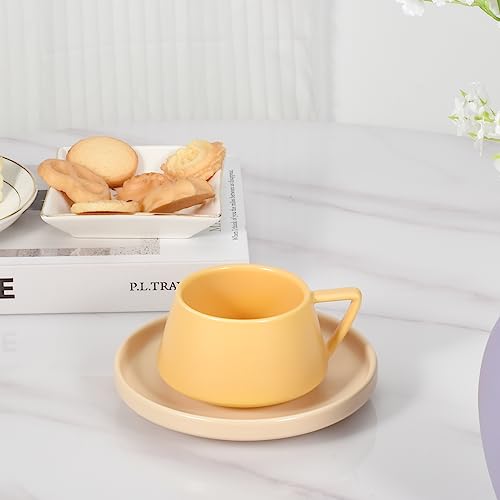 Koythin Ceramic Coffee Mug with Saucer Set, Cute Creative V-shaped Handle Cup Saucer for Office and Home, Dishwasher and Microwave Safe, 5.5 oz/160 ml for Latte Tea Milk (White)