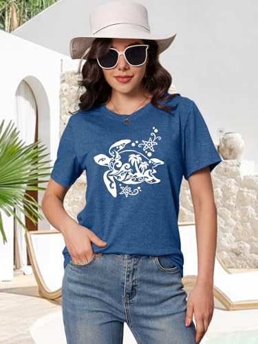 Graphic Tees for Women Vintage Sea Turtle T Shirts Hawaiian Beach Summer Casual Short Sleeve Tops A-Sky-Blue