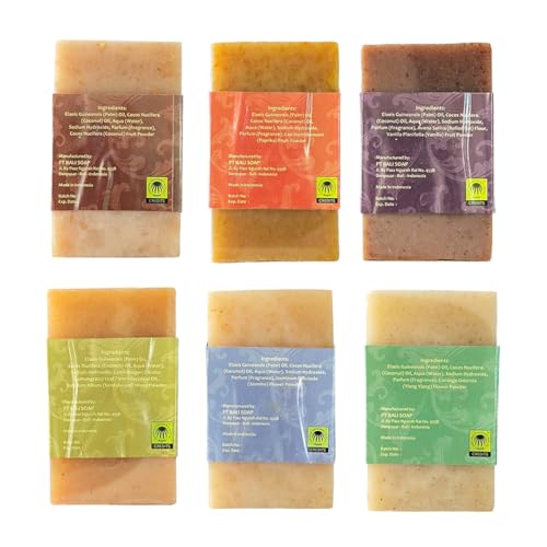 Bali Soap - Green Collection - Natural Soap Bar Gift Set, Face Soap or Body Soap, 6 pc Variety Soap Pack (Coconut, Papaya, Vanilla, Lemongrass, Jasmine, Ylang-Ylang) 3.5 Oz each