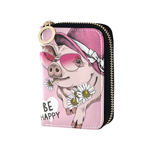 OTVEE Cute Pig Pink Small RFID Credit Card Holder Wallet Leather Zipper Credit Card Case for Women Ladies Girls Kids