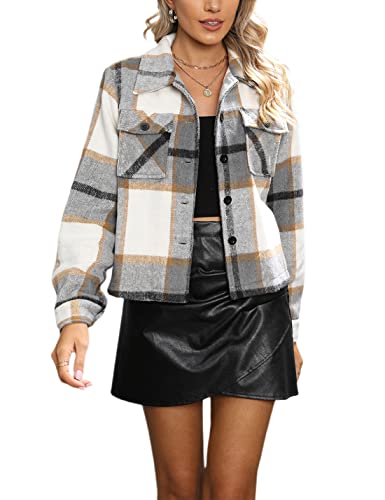 Yeokou Women's Fashion Cropped Flannel Wool Blend Plaid Shacket Long Sleeve Button Down Jackets Coat(Brown-S)