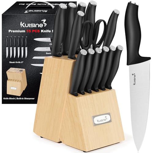 Premium kitchen Chef Knife Set,High Carbon Stainless Steel Ultra Sharp Blade Ergonomic Handle,Block Knife Set with Built-in Sharpener,Elegant Gift for Holiday(Black,15PCS)